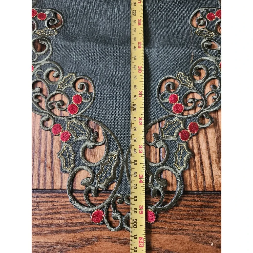 Christmas Holly Green Embroidered Cutout Table Runner 36 Inch Holiday Decor